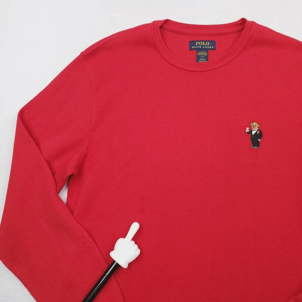 Polo Ralph Lauren Pajama Top Mens Large Red Thermal Waffle Knit Polo Bear Sleep